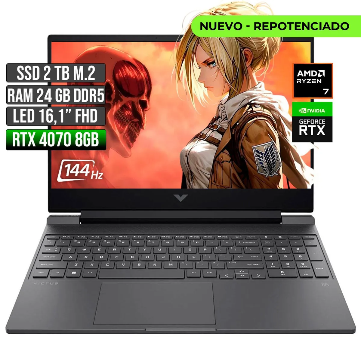 HP - Portátil HP Victus AMD Ryzen 7 RTX 4070 2TB SSD 24GB RAM 16" FHD