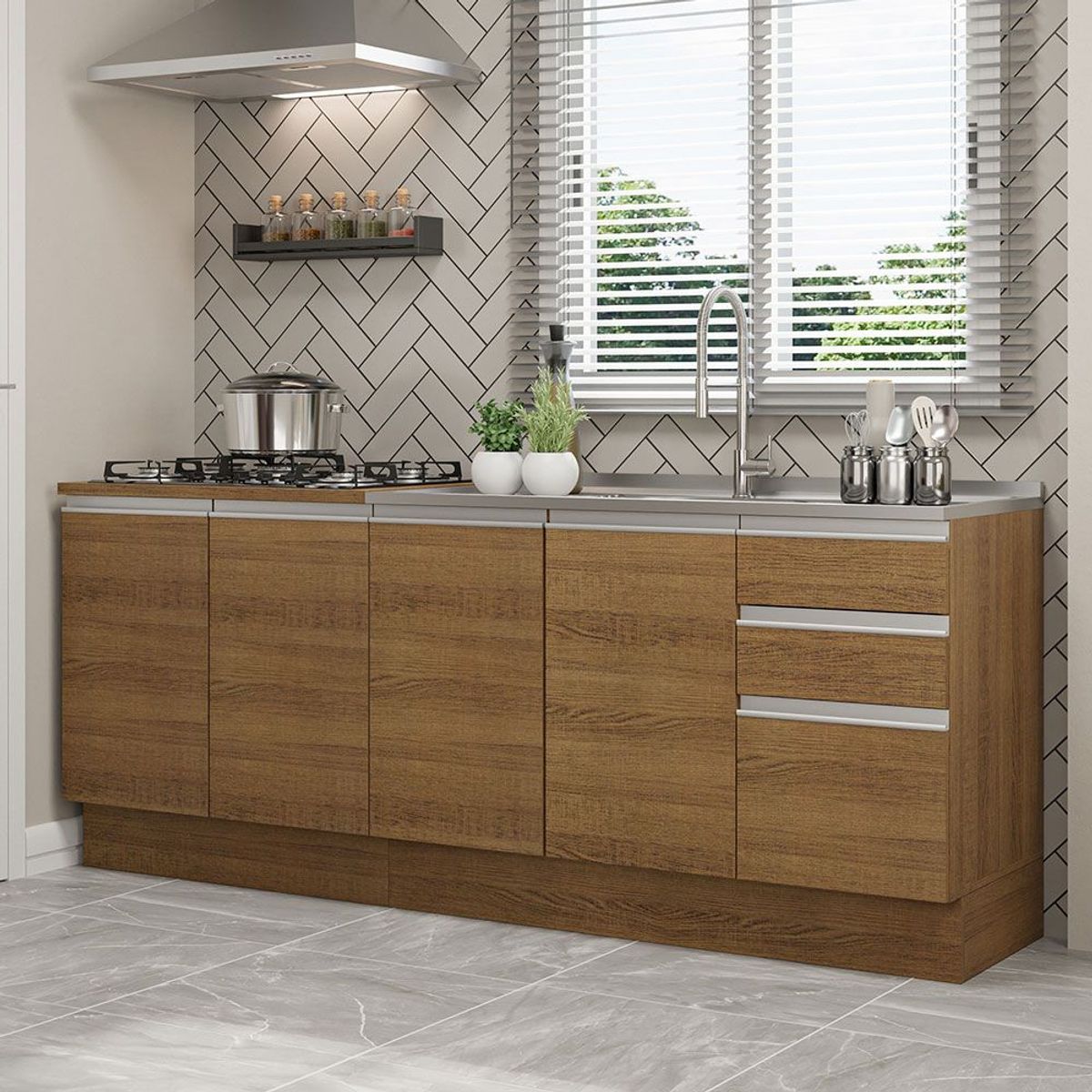 MADESA - Kit 2 Muebles de Cocina Bajo Glamy 2.00 m con Mesón de Acero Marrón
