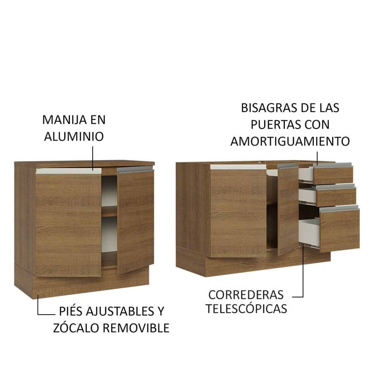 MADESA - Kit 2 Muebles de Cocina Bajo Glamy 2.00 m con Mesón de Acero Marrón