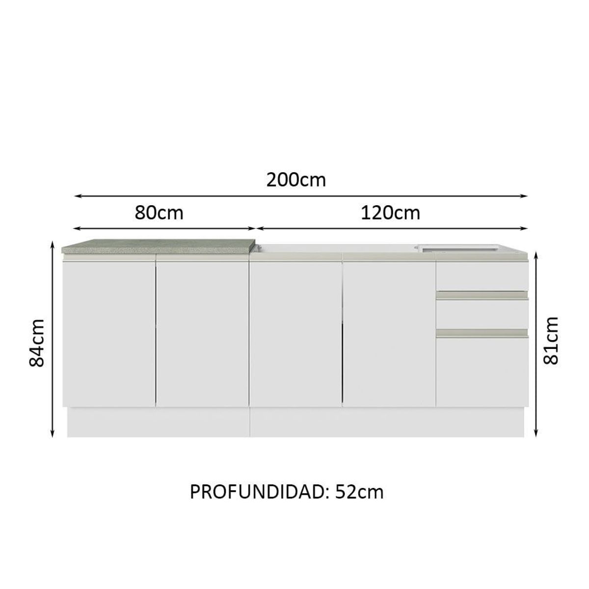 MADESA - Kit 2 Muebles de Cocina Bajo Glamy 2.00 m con Mesón de Acero