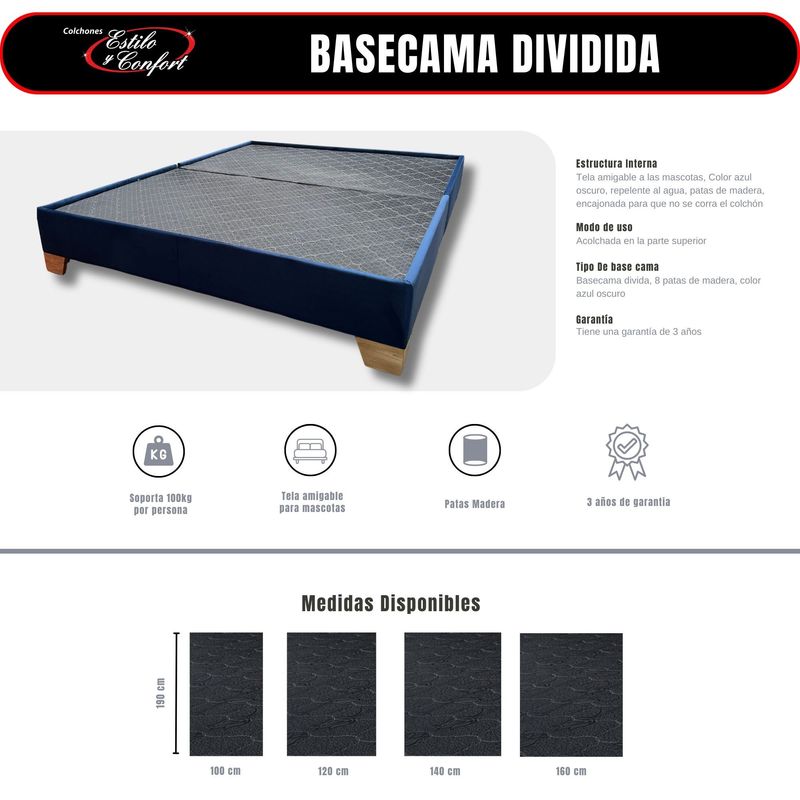 ESTILO Y CONFORT - Basecama dividida Azul 120x190 Pata Madera