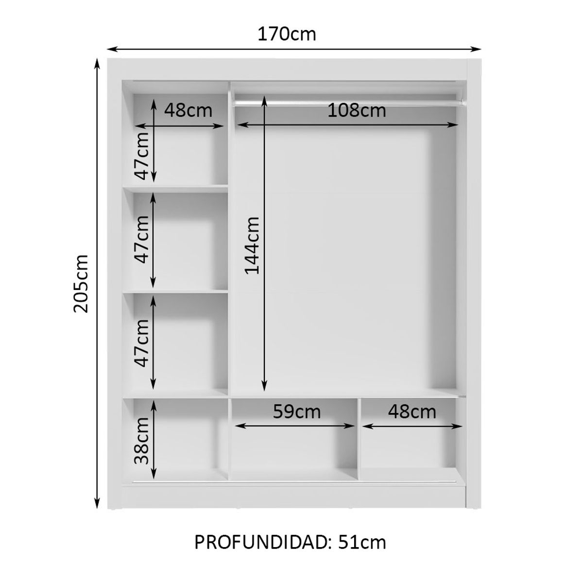 MADESA - Clóset Nobre 3 Puertas Corredizas con Espejos Blanco 205 cm x 170 cm x 51 cm