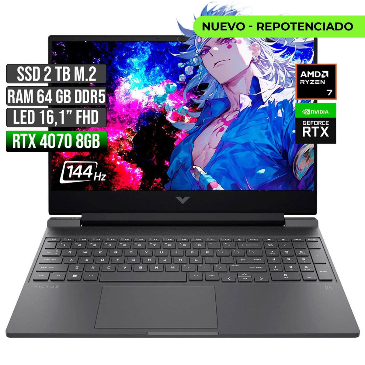 HP - HP VICTUS AMD RYZEN 7-8845HS RTX 4070 8GB SSD 2TB RAM 64GB LED 16" FHD 144Hz
