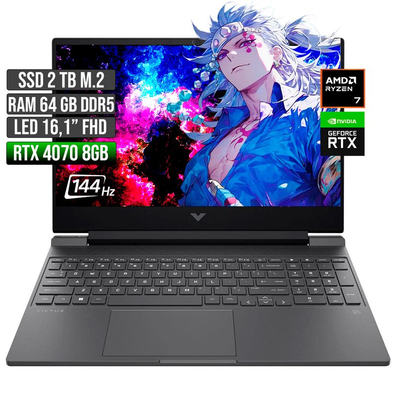 HP - HP VICTUS AMD RYZEN 7-8845HS RTX 4070 8GB SSD 2TB RAM 64GB LED 16" FHD 144Hz