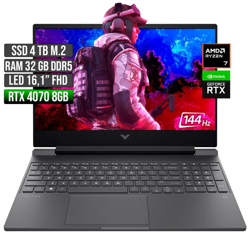 HP - HP VICTUS AMD RYZEN 7-8845HS RTX 4070 8GB SSD 4TB RAM 32GB LED 16" FHD 144Hz