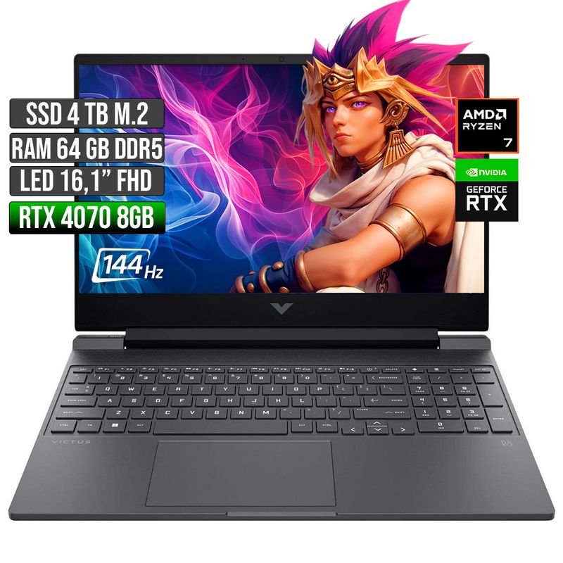 HP - HP VICTUS AMD RYZEN 7-8845HS RTX 4070 8GB SSD 4TB RAM 64GB LED 16" FHD 144Hz