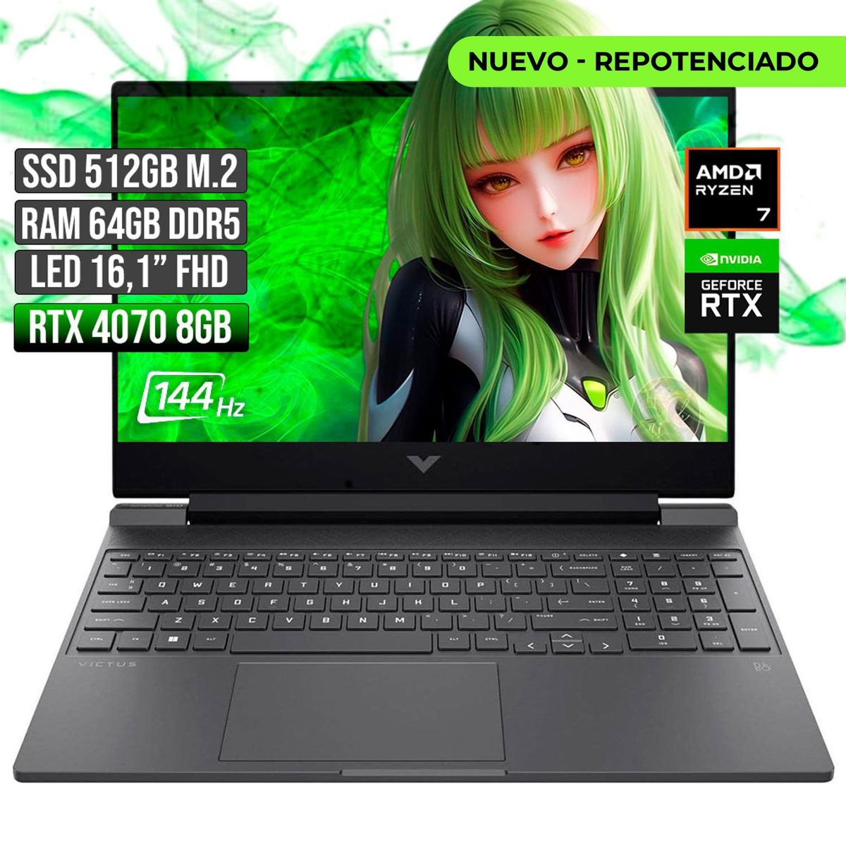 HP - HP VICTUS AMD RYZEN 7-8845HS RTX 4070 8GB SSD 512GB RAM 64GB LED 16" FHD 144Hz