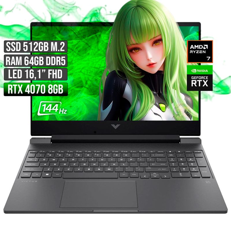 HP - HP VICTUS AMD RYZEN 7-8845HS RTX 4070 8GB SSD 512GB RAM 64GB LED 16" FHD 144Hz