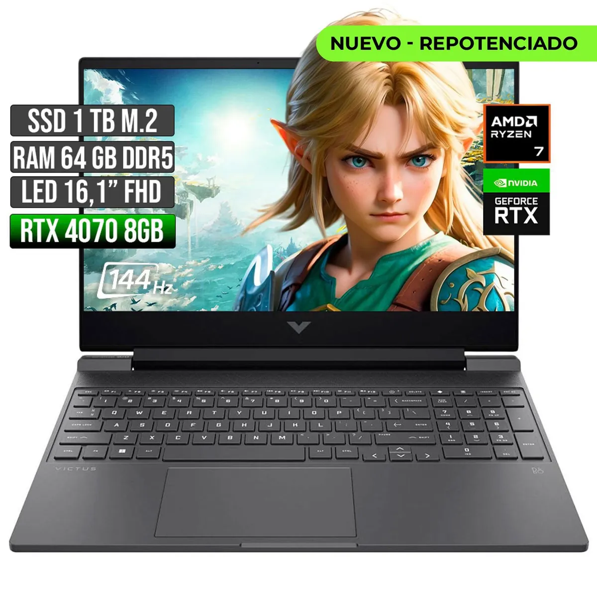 HP - Portátil HP Victus AMD Ryzen 7 RTX 4070 64GB RAM 1TB SSD 16" FHD
