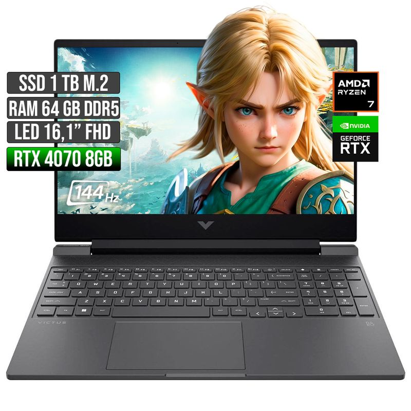 HP - Portátil HP Victus AMD Ryzen 7 RTX 4070 64GB RAM 1TB SSD 16" FHD