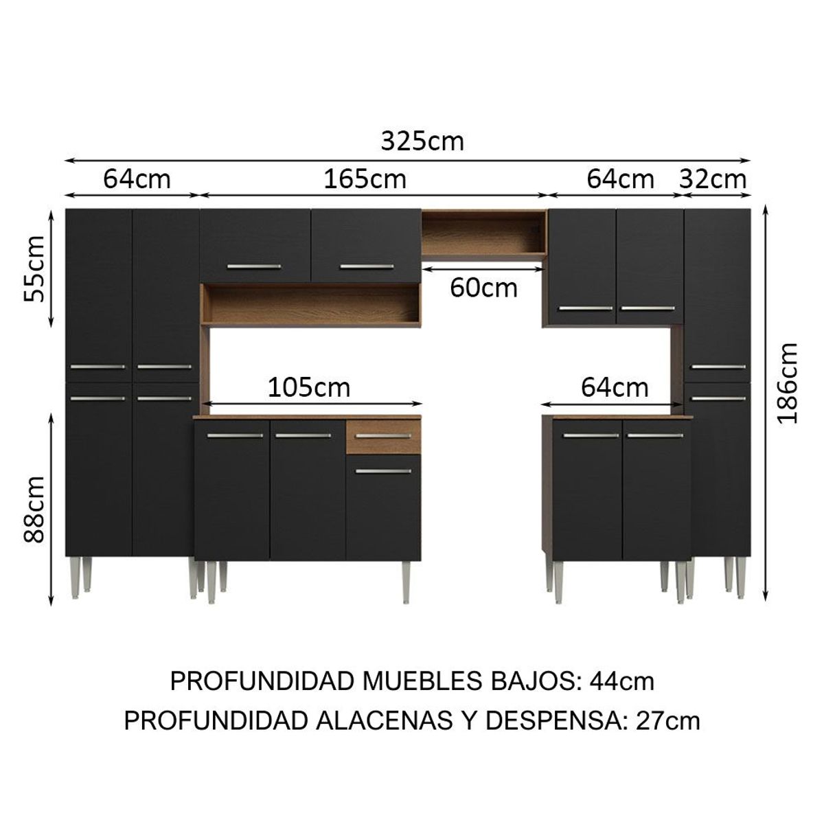 MADESA - Cocina Integral Emilly Joy 3.25 Metros Marrón/Negro