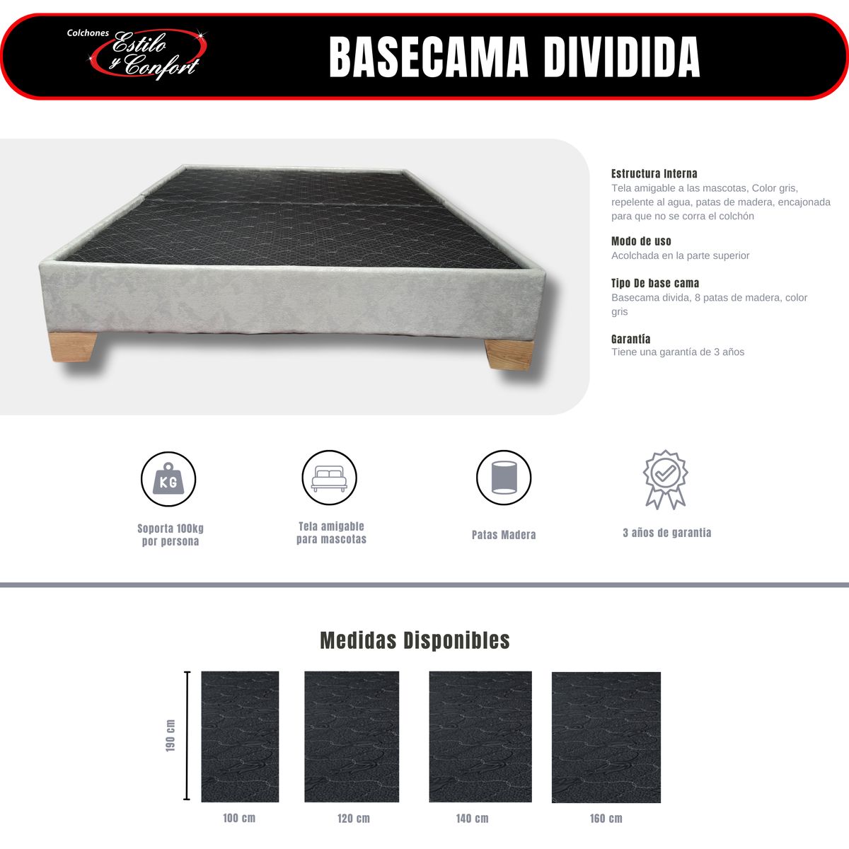 ESTILO Y CONFORT - Basecama dividida Gris plata160x190 Pata Madera