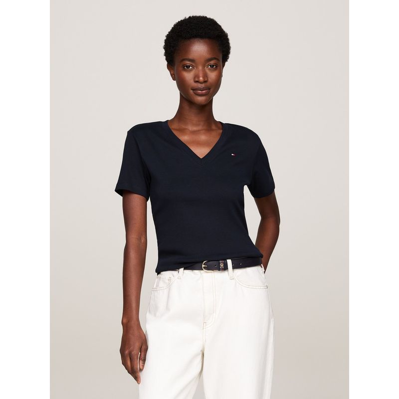 TOMMY HILFIGER - Camiseta Azul Oscuro Con Cuello en V Para Mujer Tommy Hilfiger