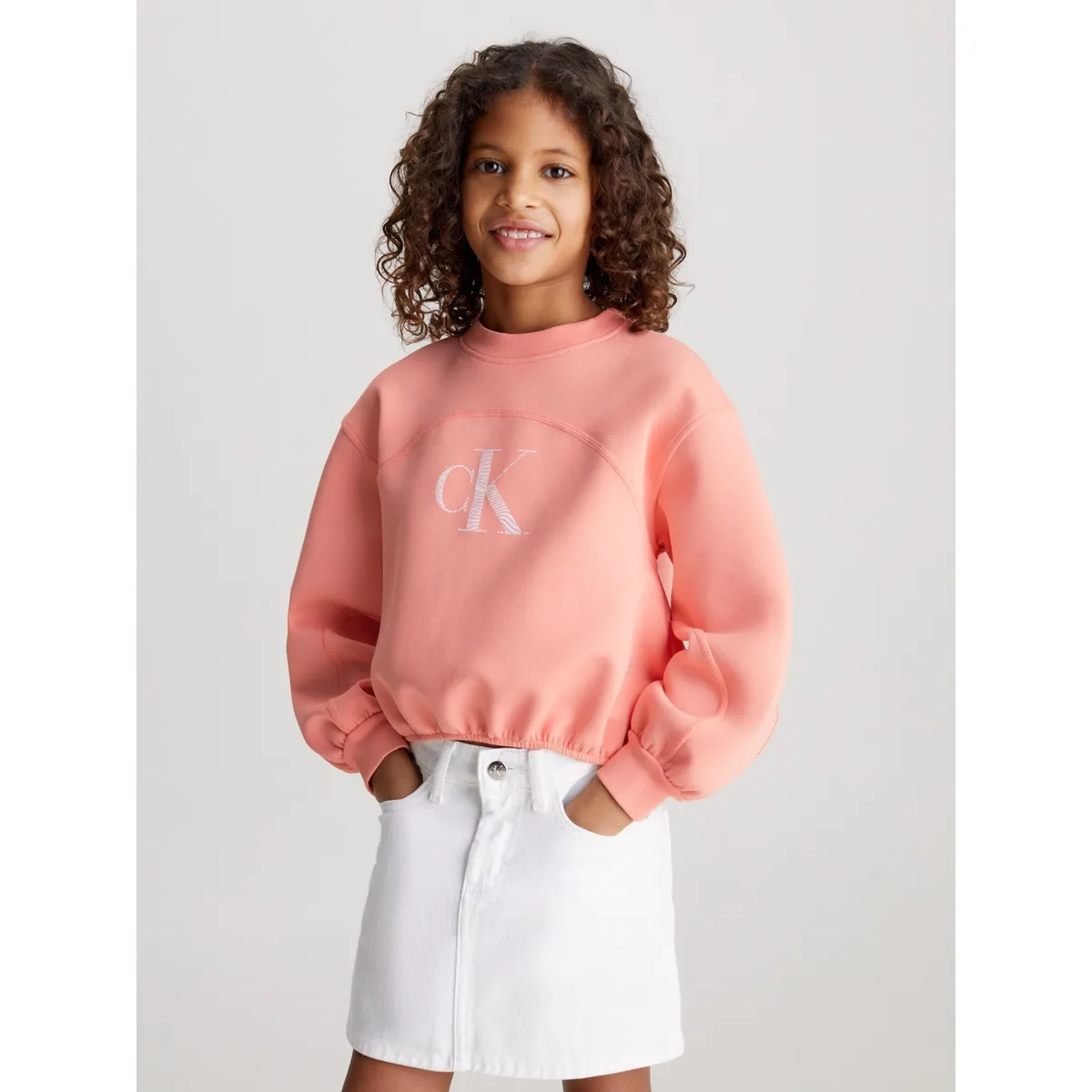 CALVIN KLEIN - Suéter rosado boxy con monograma para niña Calvin Klein