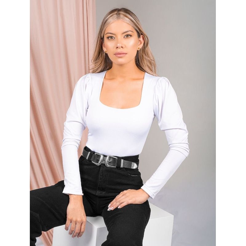 MOLGOA - Body para Mujer Escote Cuadrado Manga Bombacha - Bianco Blanco