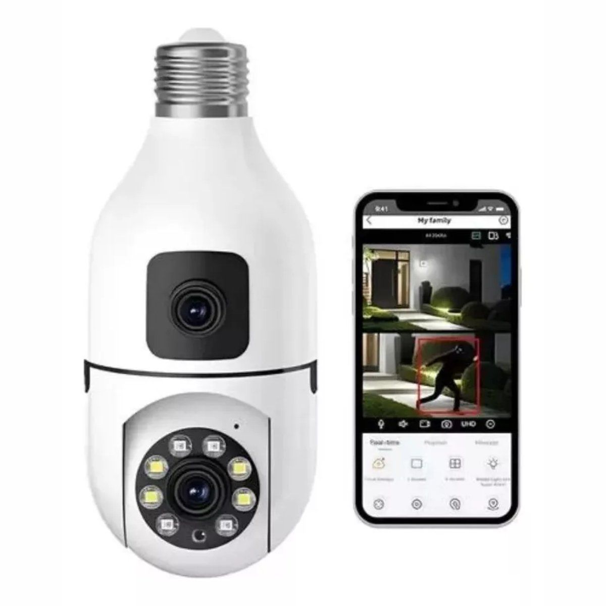 GENERICO - Cámara De Seguridad Bombillo Doble Lente Wifi Altavoz Alarma