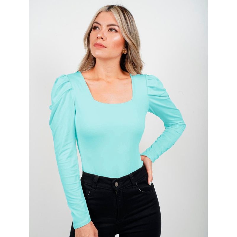 MOLGOA - Body para Mujer Escote Cuadrado Manga Bombacha - Bianco Verde Menta