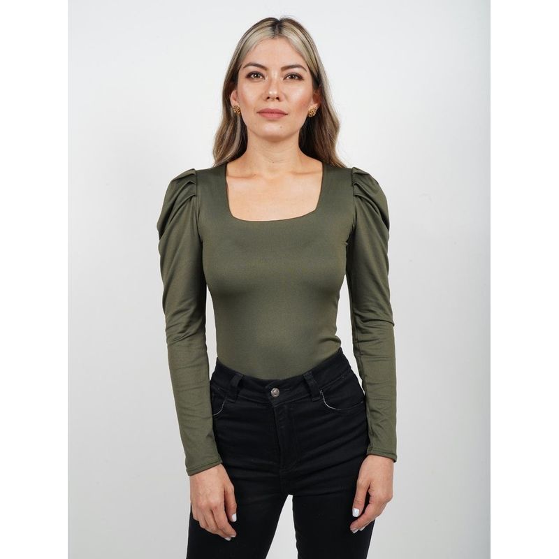 MOLGOA - Body para Mujer Escote Cuadrado Manga Bombacha - Bianco Verde Militar