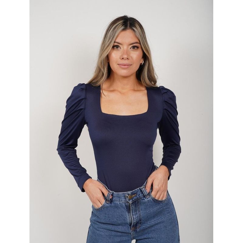MOLGOA - Body para Mujer Escote Cuadrado Manga Bombacha - Bianco Azul Noche