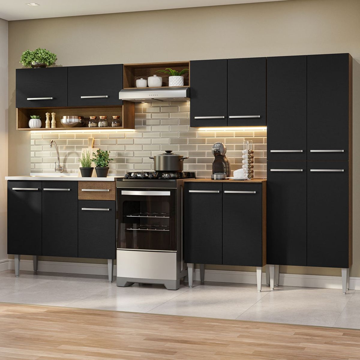 MADESA - Cocina Integral Emilly 2.90 m con Mesón de Acero Marrón/Negro 09