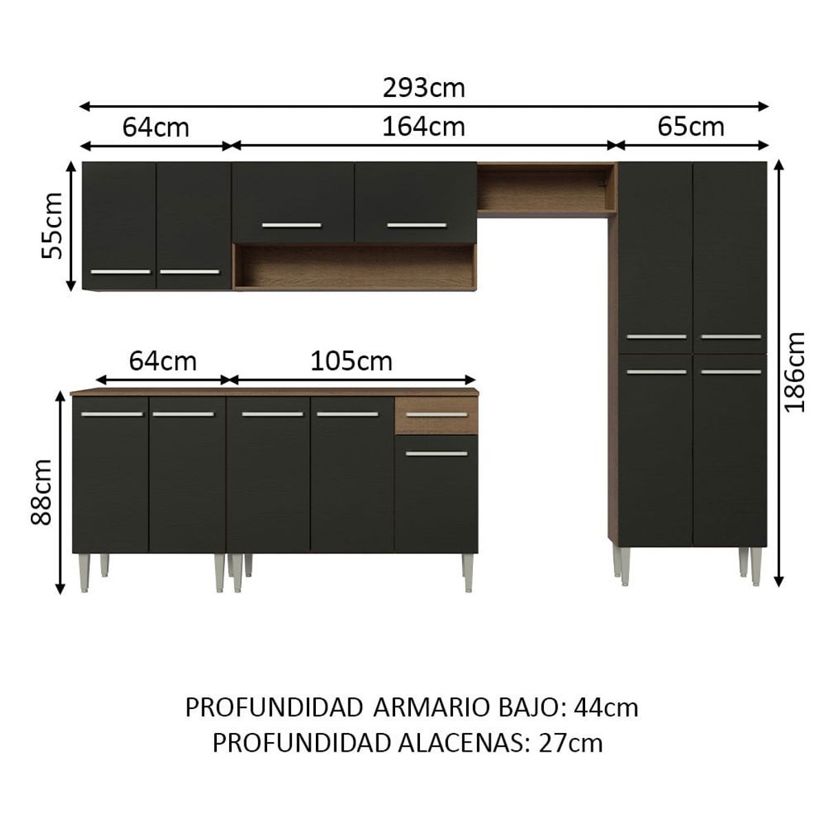 MADESA - Cocina Integral Emilly 2.90 Metros Marrón/Negro 01