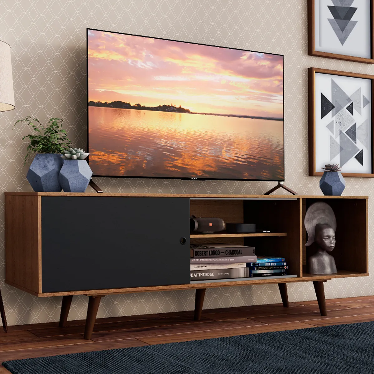 MADESA - Centro de Entretenimiento Mesa para TV Dubai Hasta 65 Pulgadas Marrón/Negro (Patas Marrón)