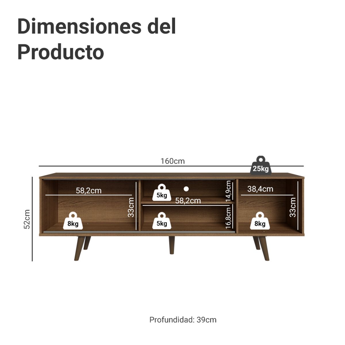 MADESA - Centro de Entretenimiento Mesa para TV Dubai Hasta 65 Pulgadas Marrón/Negro (Patas Marrón)