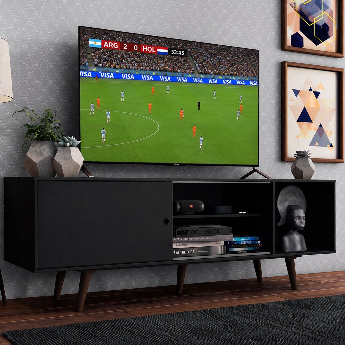 MADESA - Centro de Entretenimiento Mesa para TV Dubai Hasta 65 Pulgadas Negro (Patas Marrón)