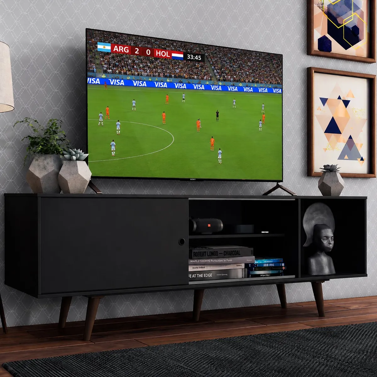 MADESA - Centro de Entretenimiento Mesa para TV Dubai Hasta 65 Pulgadas Negro (Patas Marrón)