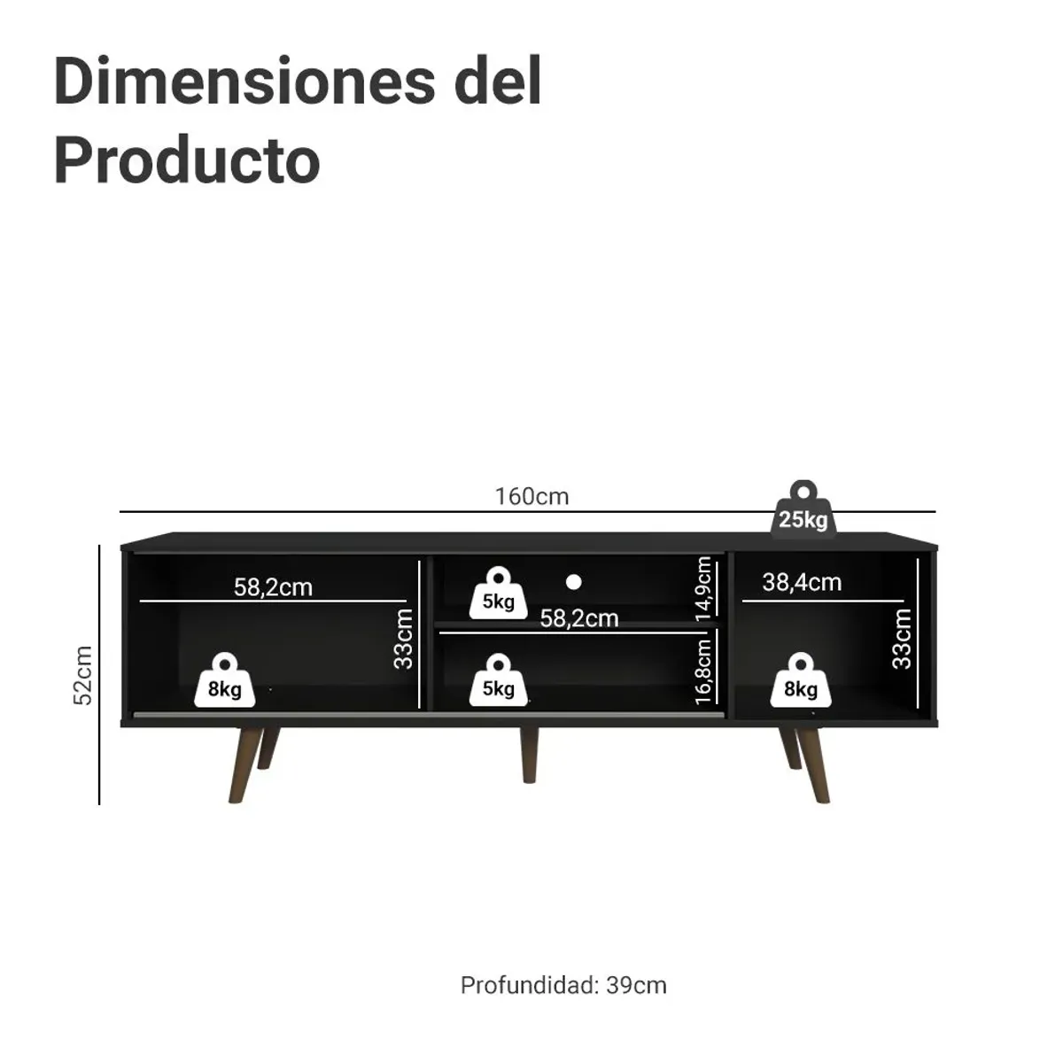 MADESA - Centro de Entretenimiento Mesa para TV Dubai Hasta 65 Pulgadas Negro (Patas Marrón)