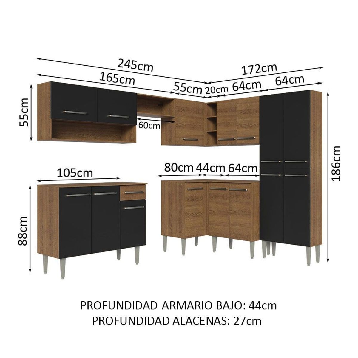MADESA - Cocina Integral de Esquina Emilly 4.20 m Marrón/Negro/Marrón 02