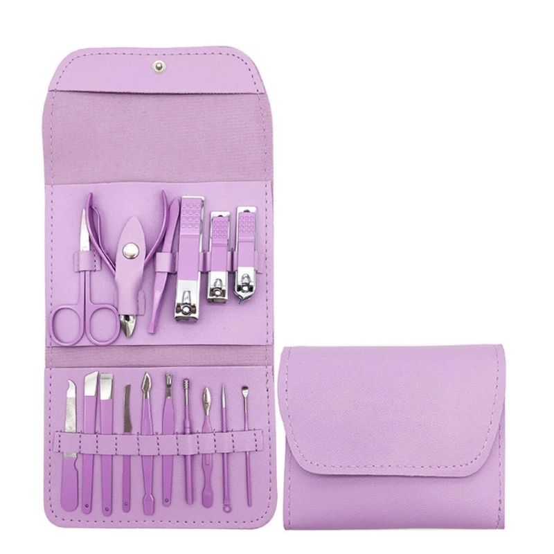 GENERICO - KIT SET JUEGO PEDICURE MANICURE CORTAUÑAS ACERO INOXIDABLE X 16-MORADO