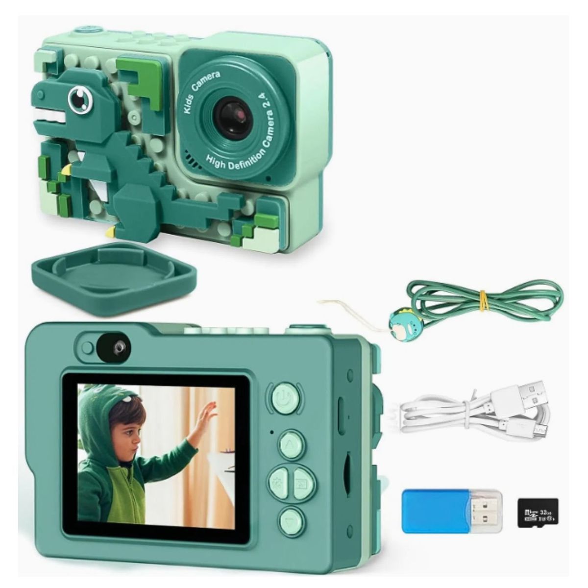 ONE PIXEL - Cámara Infantil con Bloques Dual 48 MP con Filtros Dinosaurio