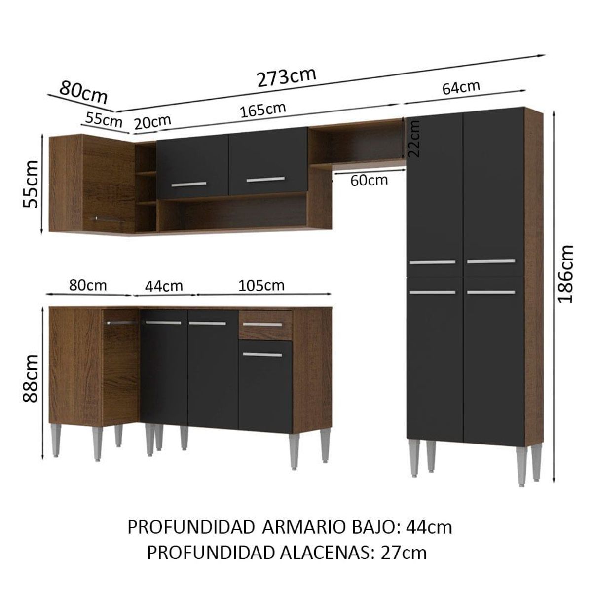 MADESA - Cocina Integral de Esquina Emilly Sun 3.50 m Marrón/Negro