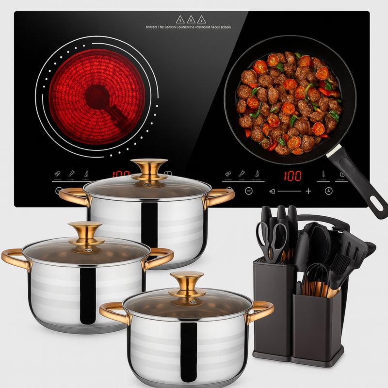 RENAHOUSE - Estufa De Inducción 2000w + Bateria De Cocina + Utensilios