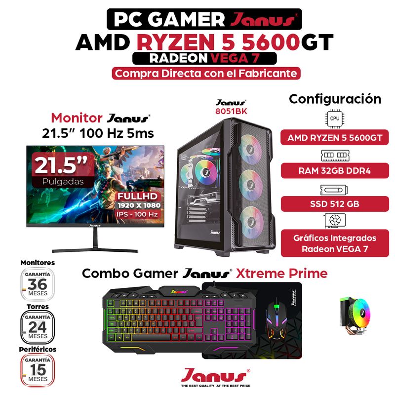 JANUS - Computador Gamer Ryzen 5 5600GT RAM 32GB RGB SSD 512GB Monitor 22 Pulgadas 100Hz