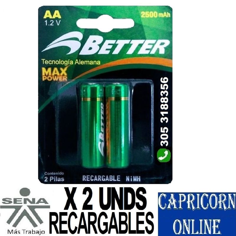 BETTER SOUND - 2 Baterías Pilas AA Recargables 2500 MAH