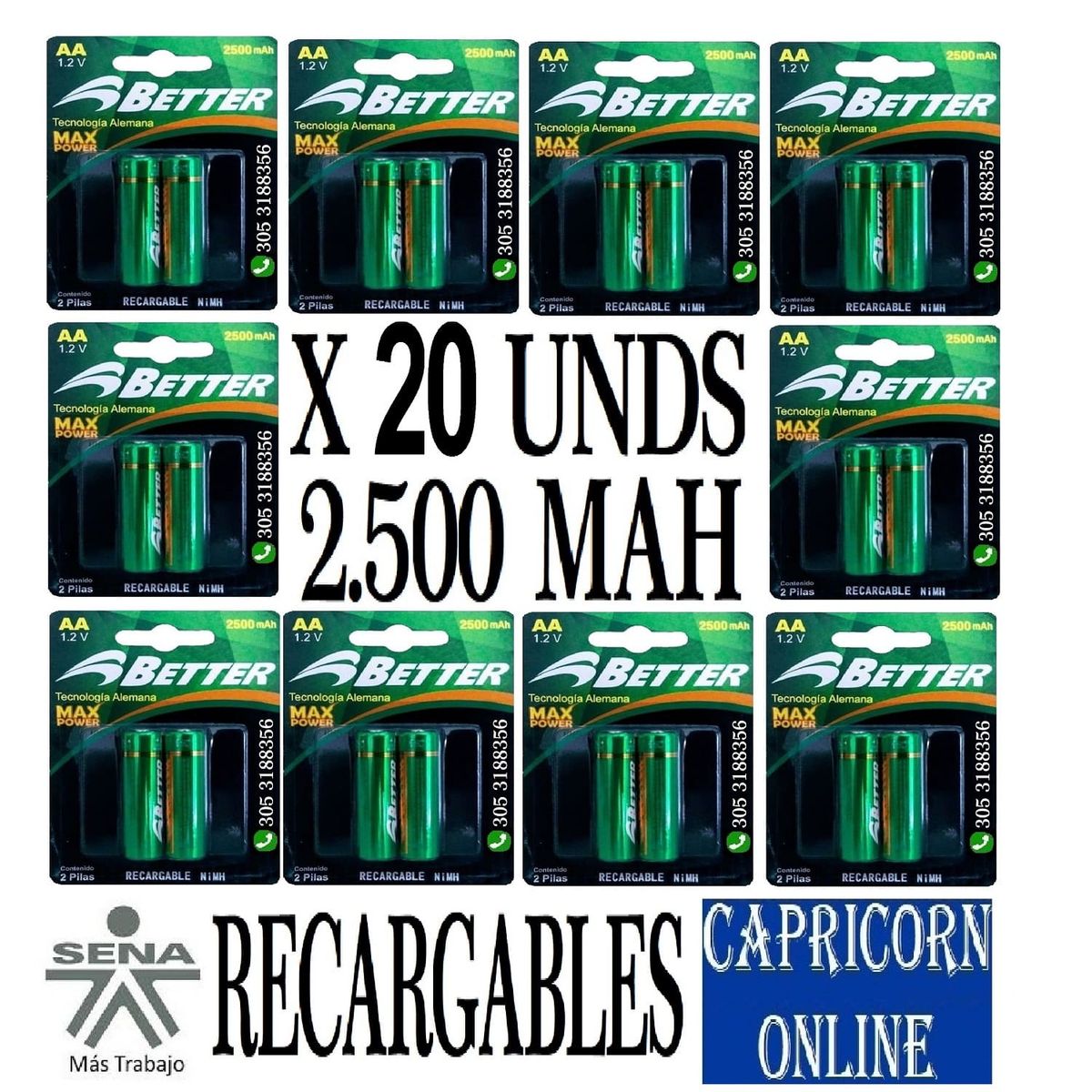 BETTER SOUND - 20 Baterías Pilas AA Recargables 2500 MAH