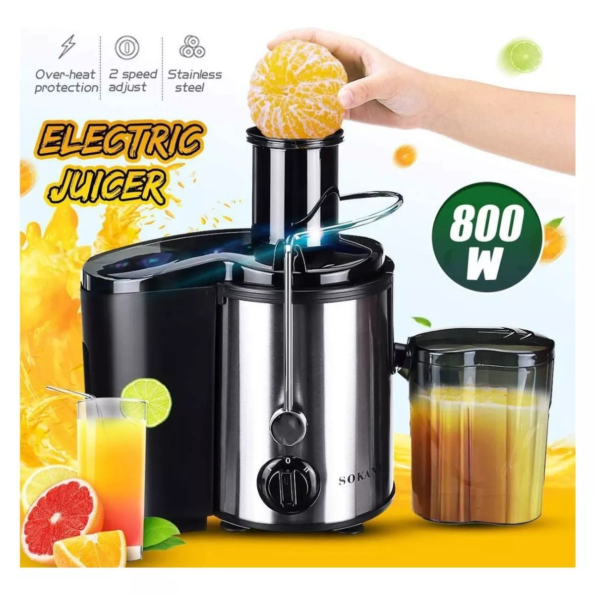GENERICO - Extractor Jugos Automatico Frutas Verduras Sokany 800w Negro Plateado