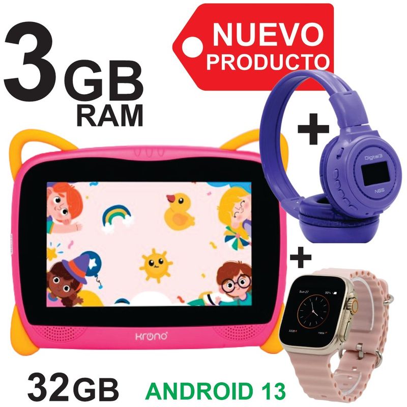 KRONO - Tablet 3GB RAM 7 Pulgadas Niños Android 13 32GB Wifi + DIADEMA + RELOJ ROSADO.
