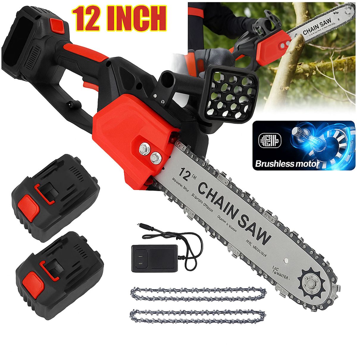 ONE PIXEL - Motosierra Inalámbrica 12 Pulgadas Doble Batreria Premium