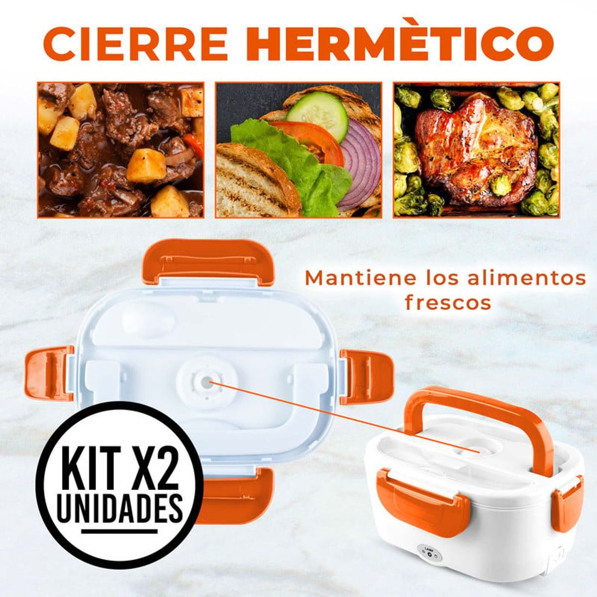 CHEF MASTER - Set x2 Lonchera Eléctrica Calentador Porta Comida Portátil Naranja
