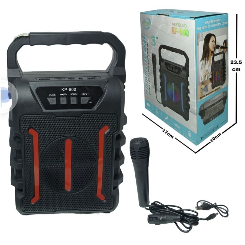 GENERICO - Parlante Portatil Microfono Bluetooth Radio Luz Led KP-600 Negro