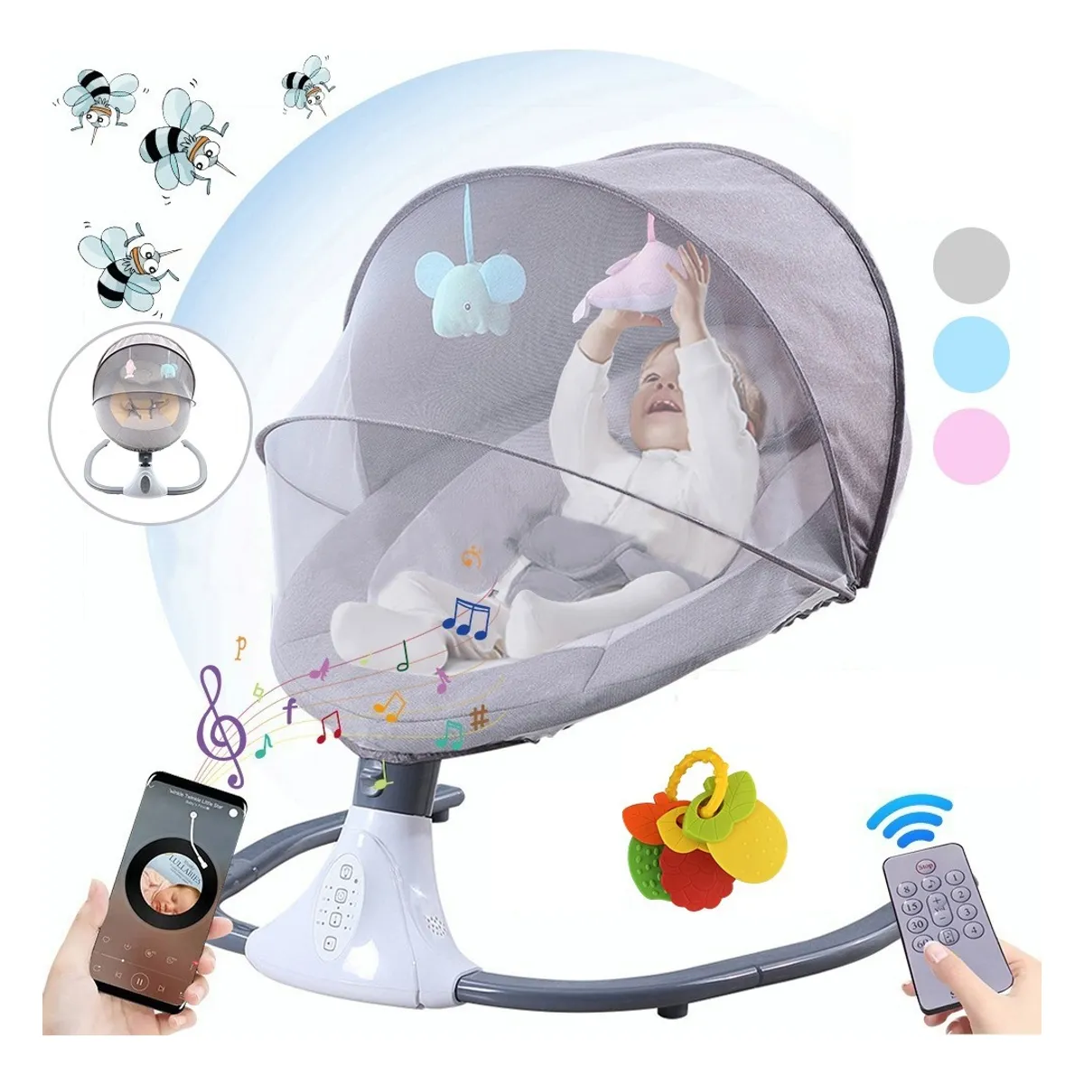 MUNDO BEBE - SILLA MECEDORA ELECTRICA ALTA GAMA CON MOSQUITERO  GRIS