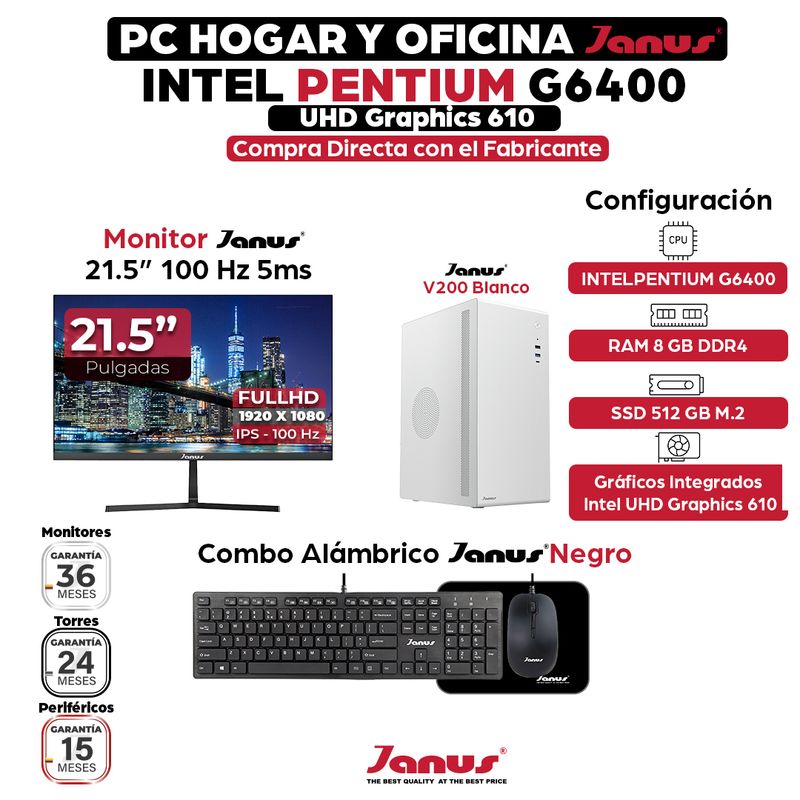 JANUS - Computador Intel Pentium G6400 RAM 8GB SSD 512GB Monitor 22 Pulgadas 100Hz
