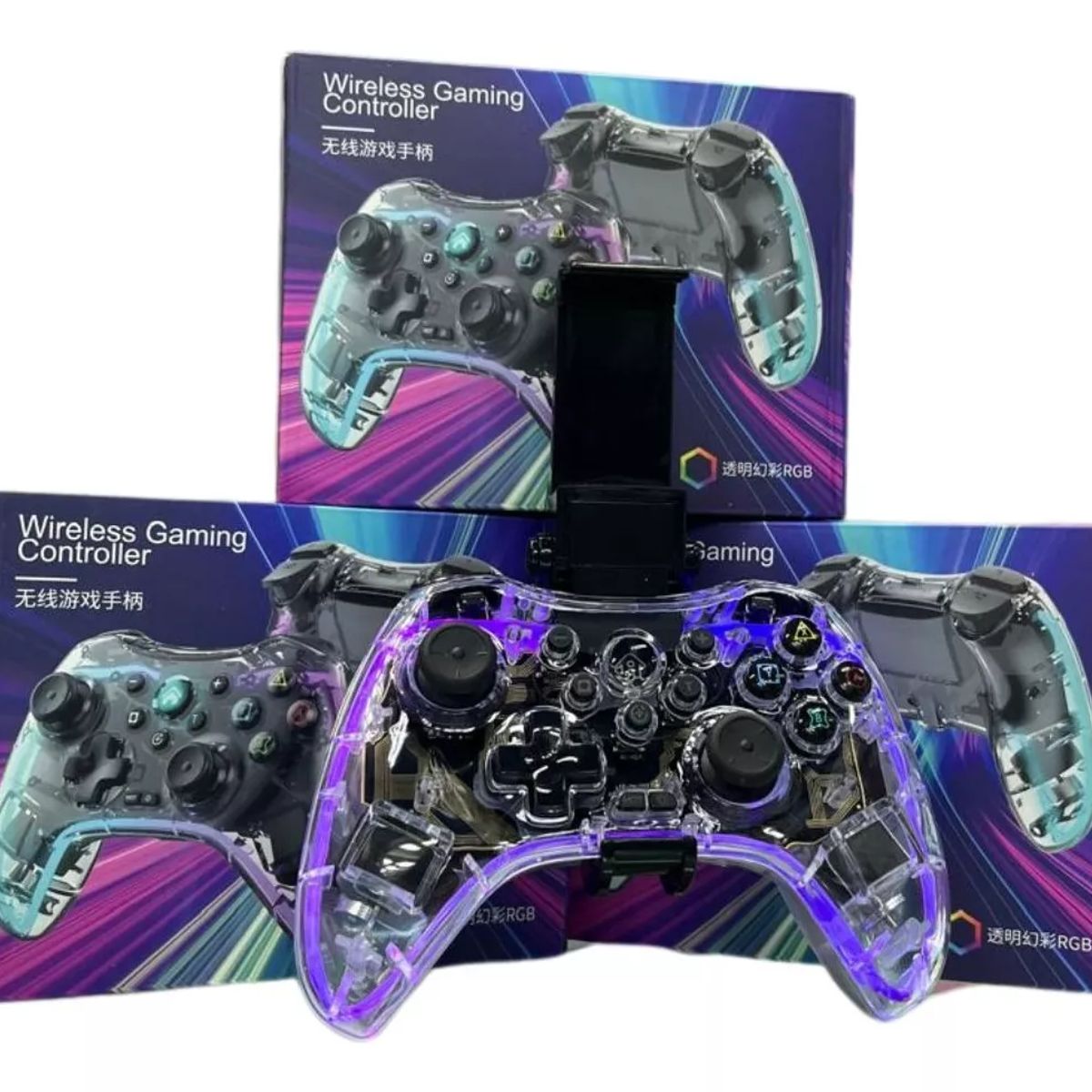 GENERICO - Control Inalambrico Gamepad Transparente Rgb Porta Celular