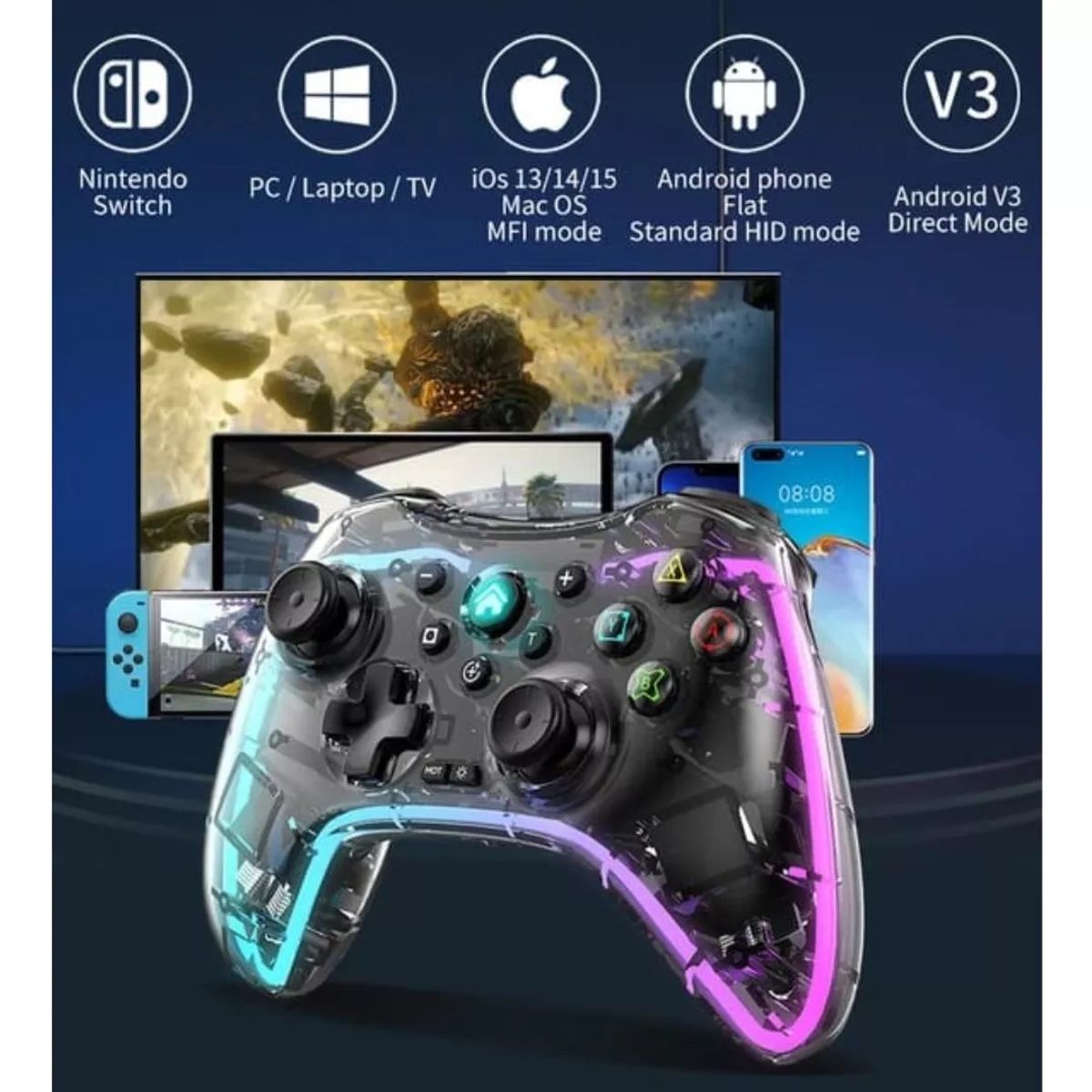 GENERICO - Control Inalambrico Gamepad Transparente Rgb Porta Celular