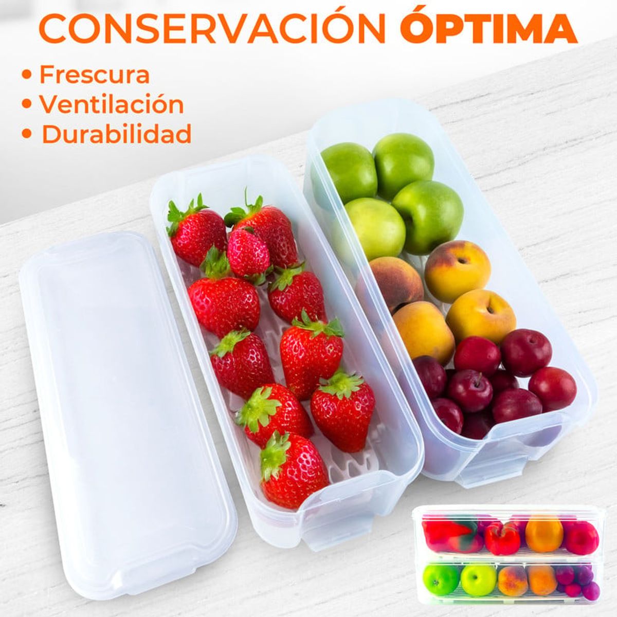 CHEF MASTER - Set x2 Recipientes para Nevera Apilables Rejilla Escurridora.