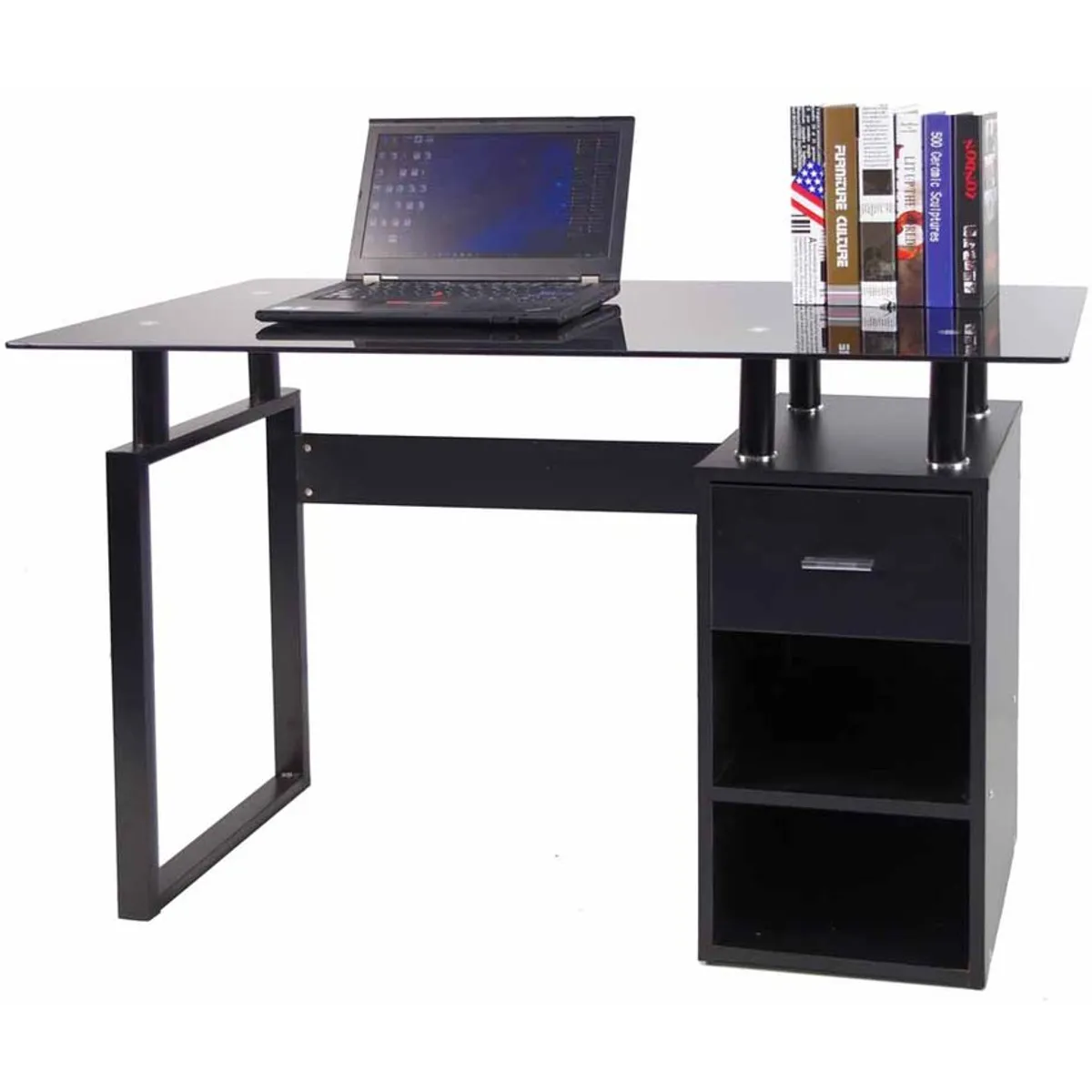 RTA DESIGN - Escritorio de metal parís vidrio negro con un cajón y dos entrepaños