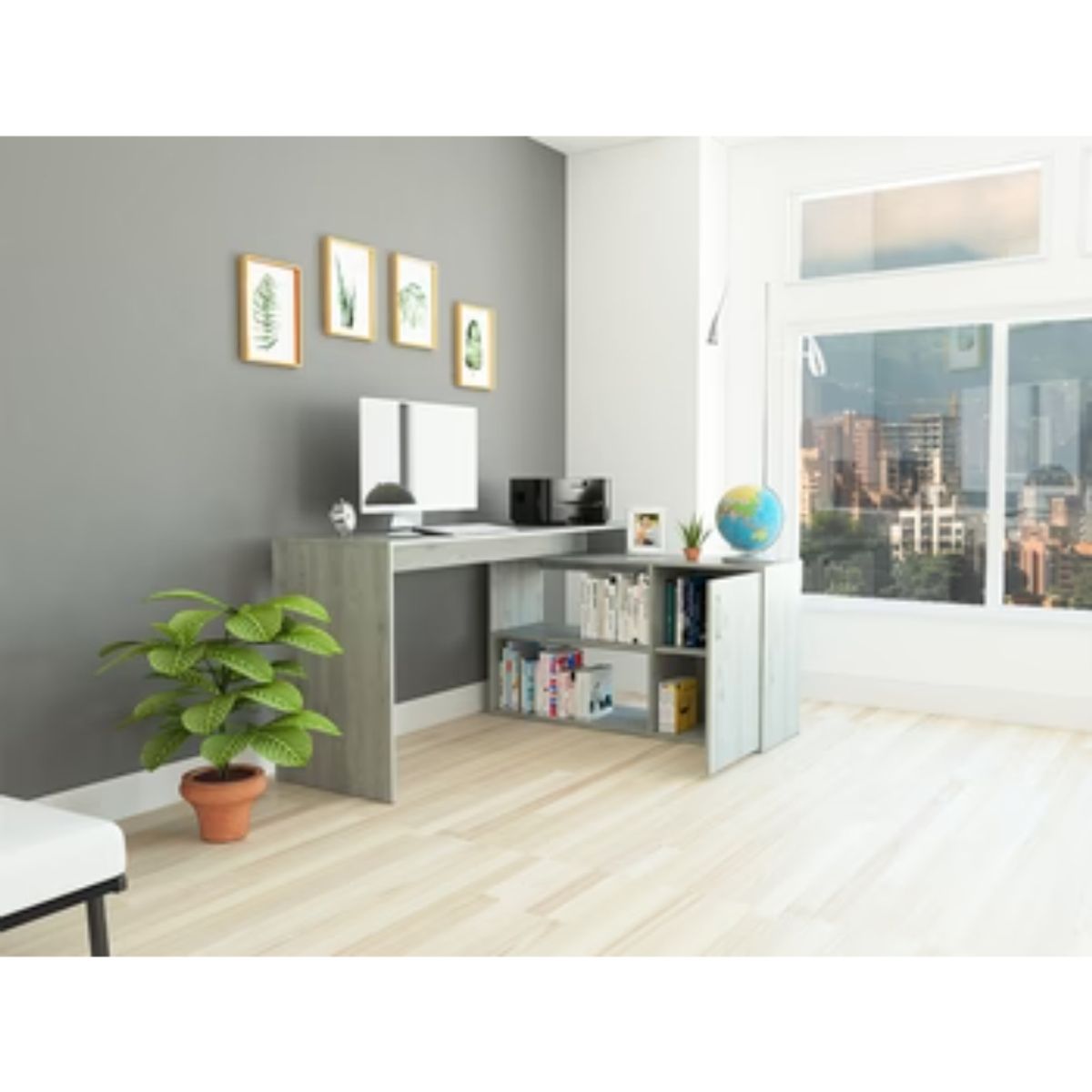 RTA DESIGN - Escritorio En L Taira Gris con Puerta y Varios Entrepaños